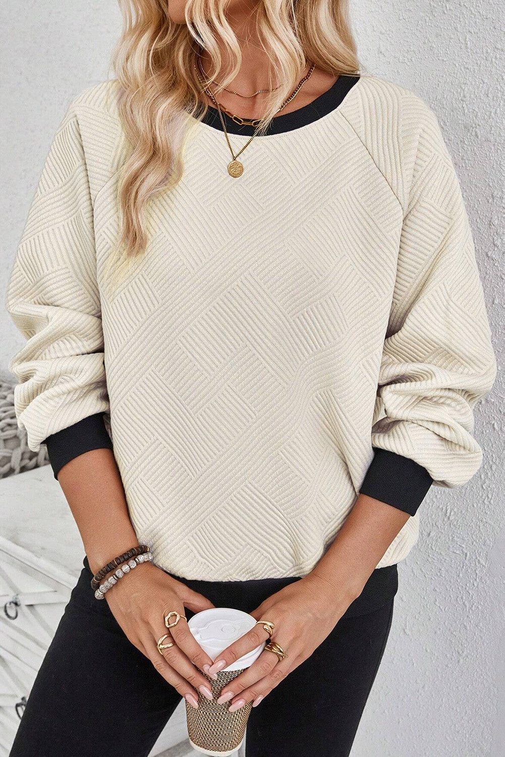 Texture Contrast Long Sleeve Sweatshirt - Charming Charlie
