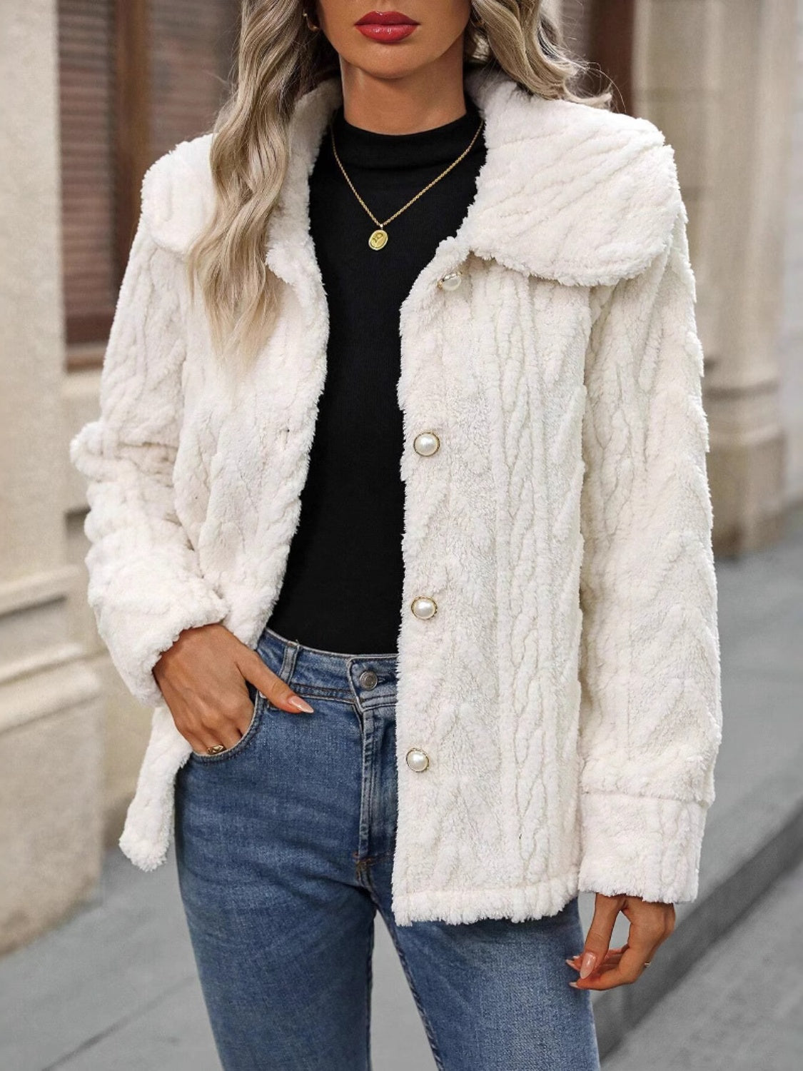 Fuzzy Texture Button Up Collared Neck Coat - Charming Charlie