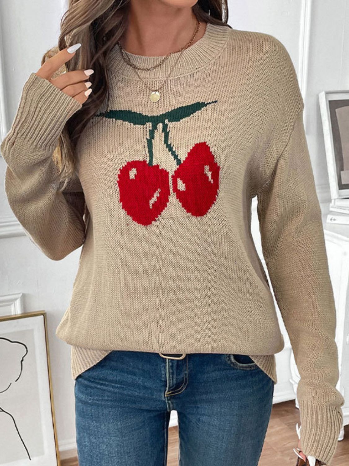 Perfee Cherry Round Neck Long Sleeve Sweater - Charming Charlie