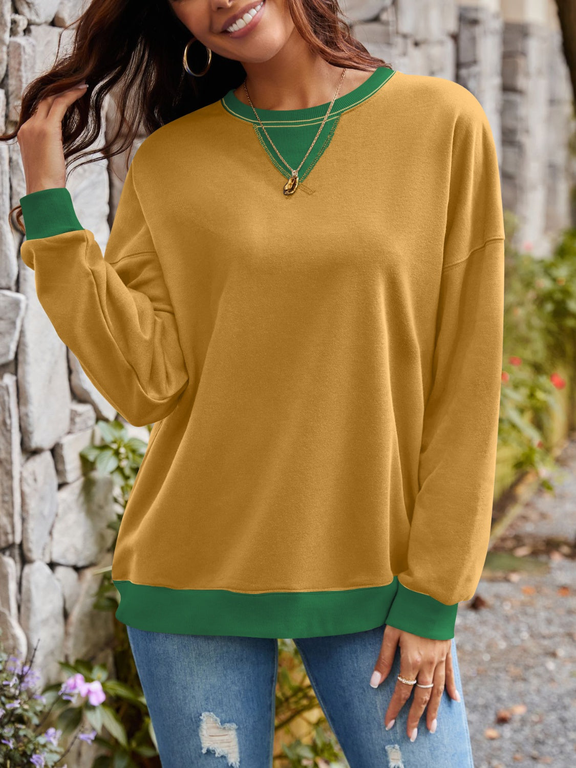 Contrast Round Neck Long Sleeve Sweatshirt - Charming Charlie