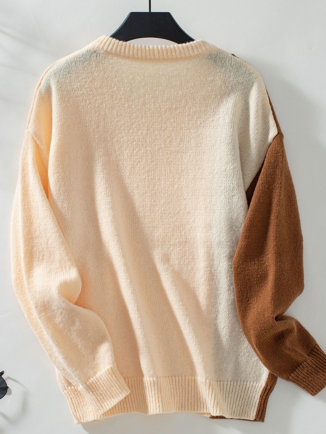 Two Tone Cable Knit Round Neck Long Sleeve Sweater - Charming Charlie
