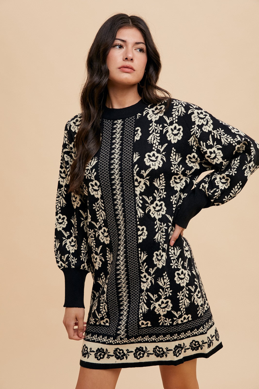 Annie Wear Floral Jacquard Round Neck Sweater Dress - Charming Charlie