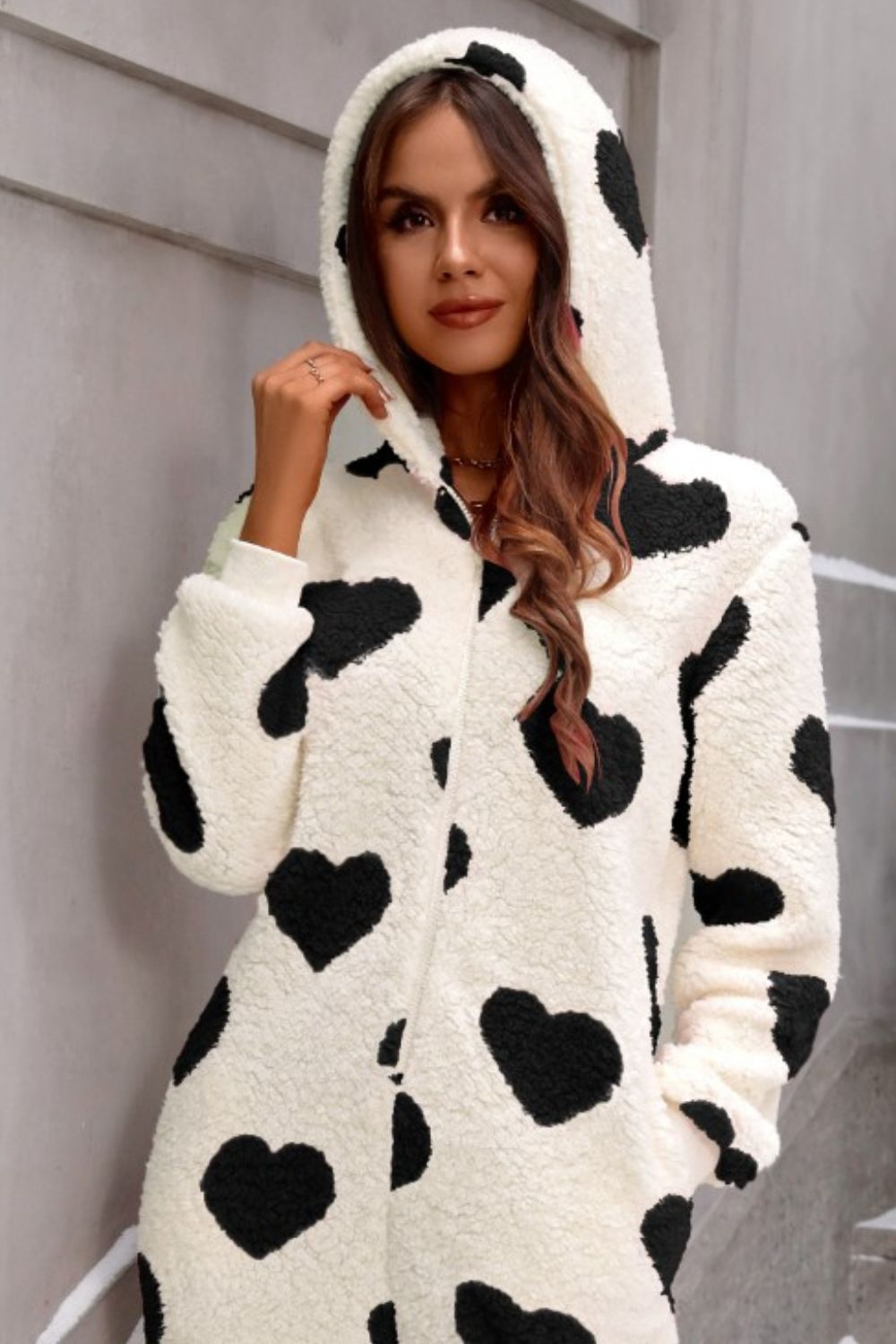 Fuzzy Heart Zip Up Hooded Lounge Jumpsuit - Charming Charlie