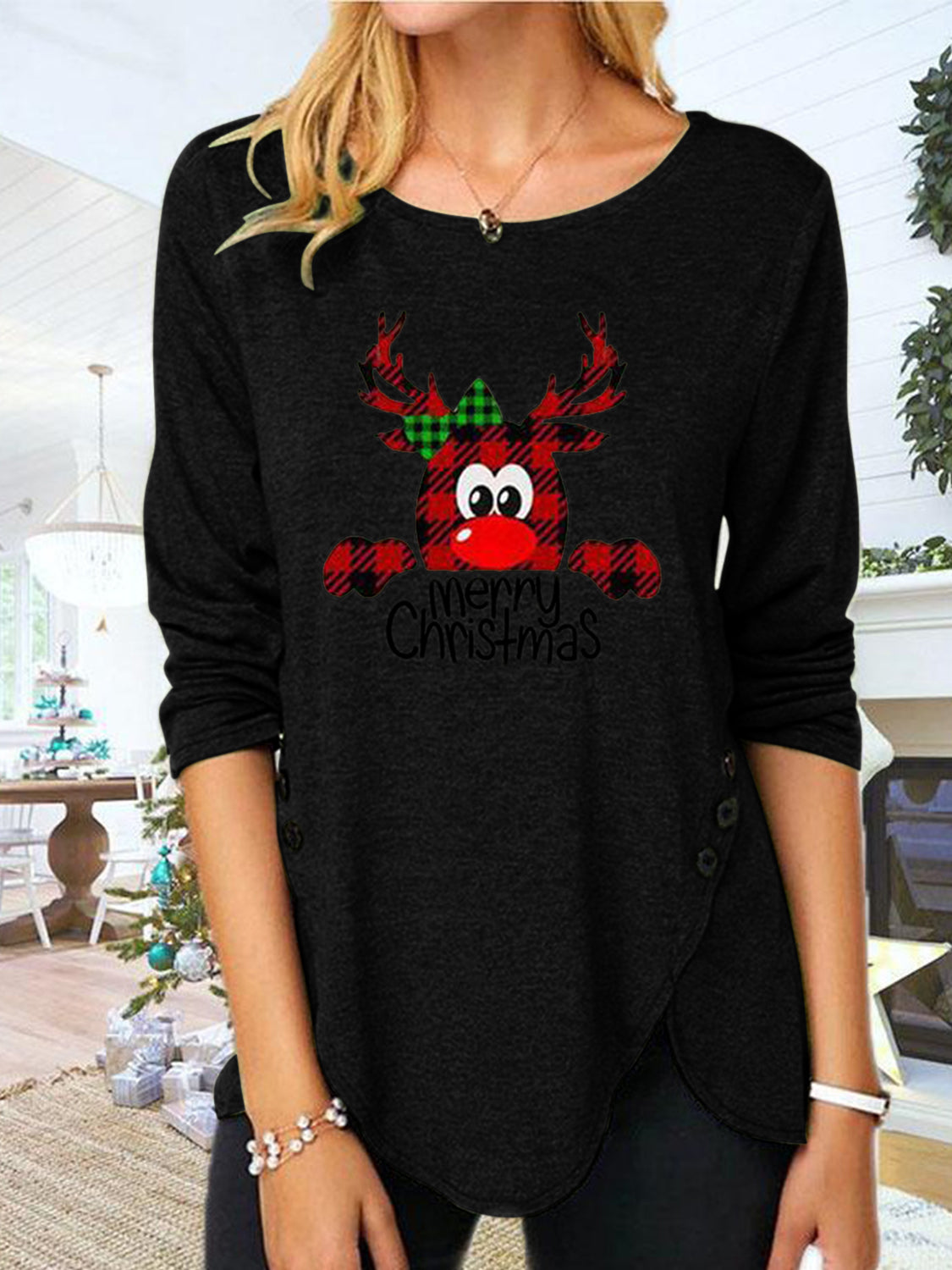 Full Size Reindeer Round Neck Long Sleeve T-Shirt - Charming Charlie