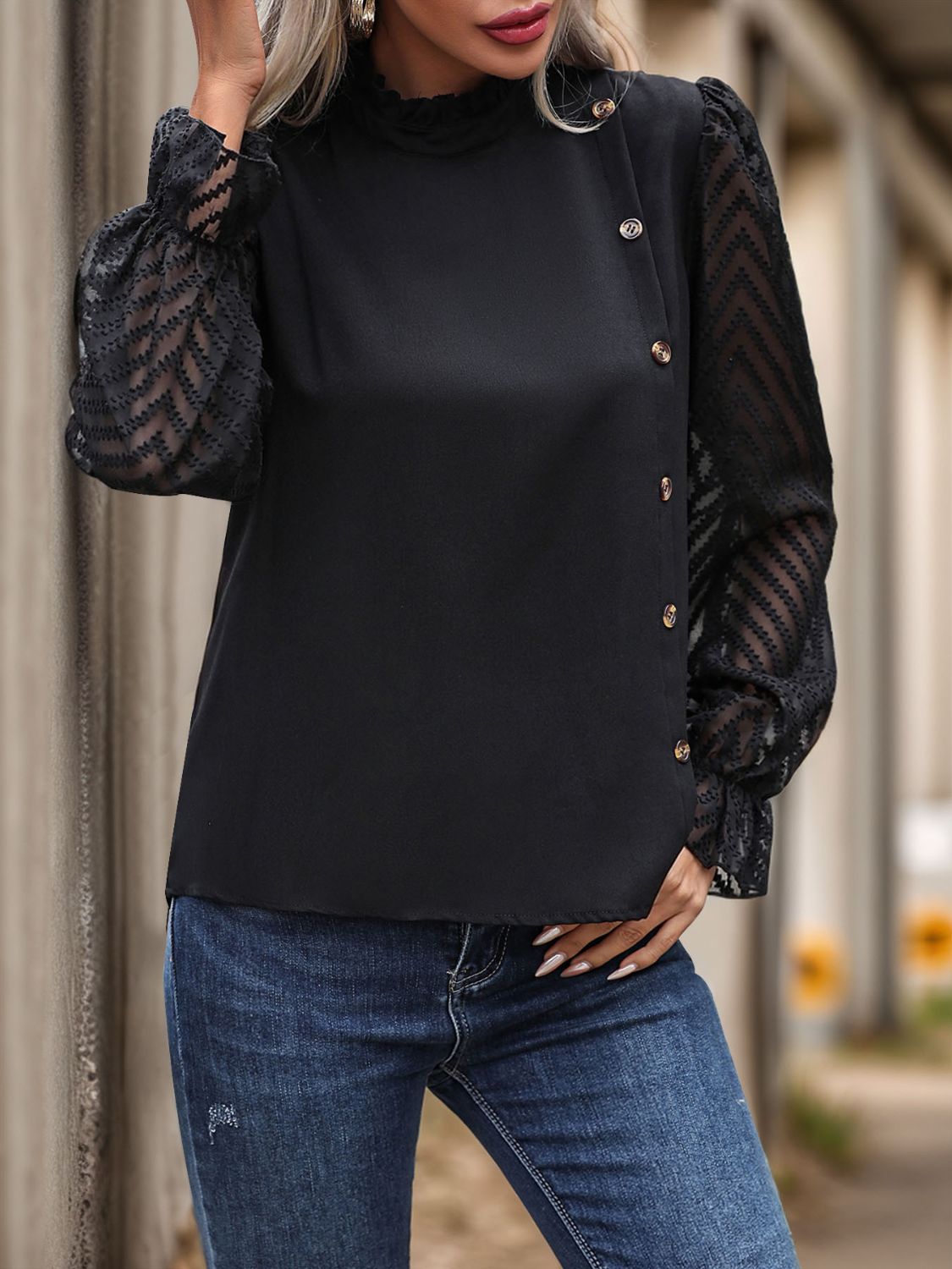Mock Neck Flounce Sleeve Blouse - Charming Charlie