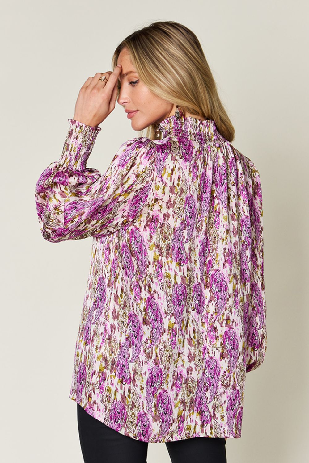 Double Take Full Size Printed Smocked Long Sleeve Blouse - Charming Charlie