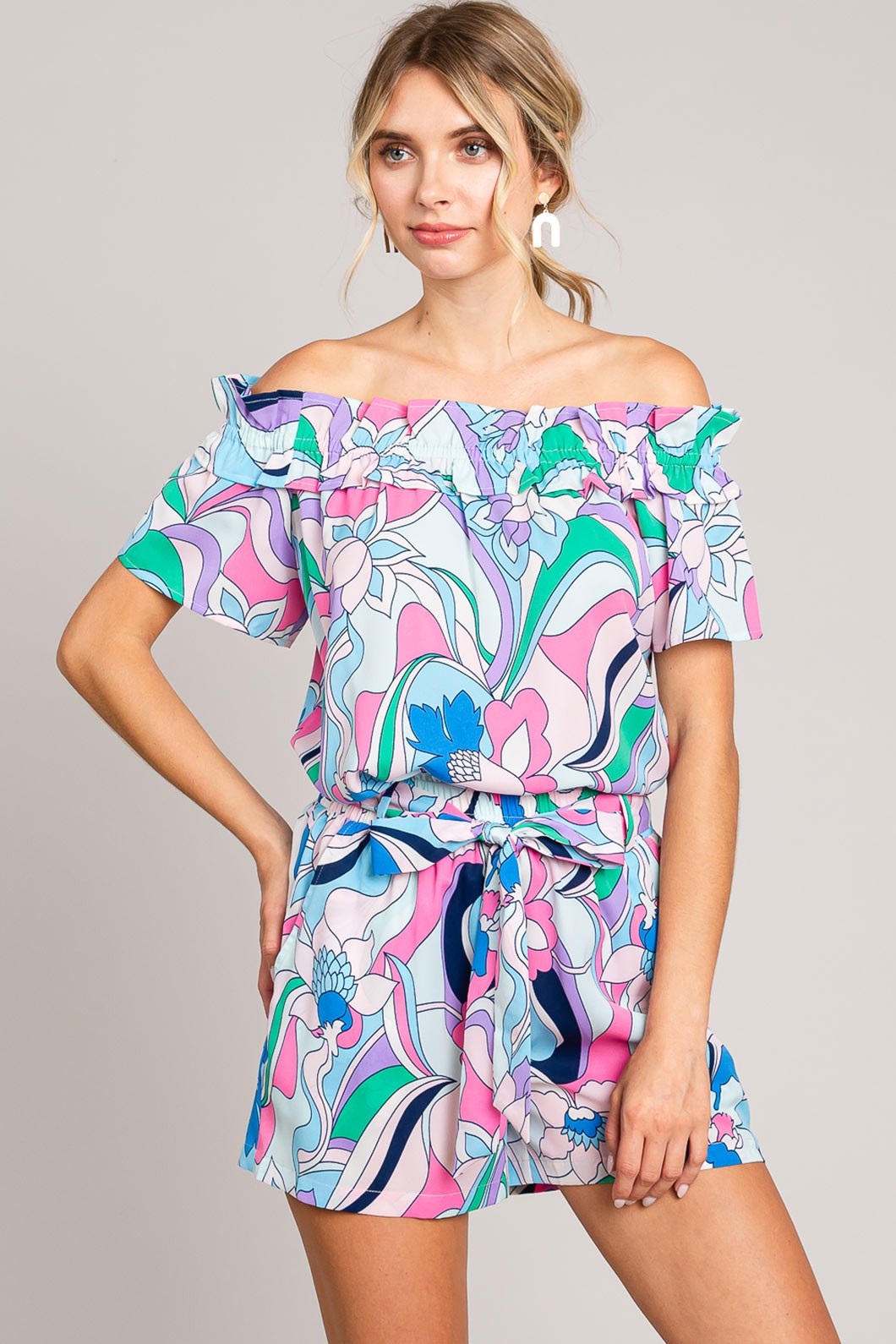 Cotton Bleu by Nu Label Abstracted Print Tie Front Shorts - Charming Charlie