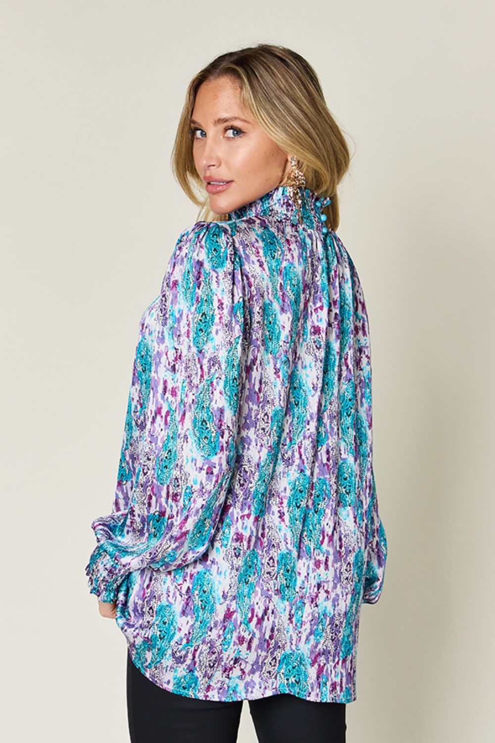 Double Take Full Size Printed Smocked Long Sleeve Blouse - Charming Charlie