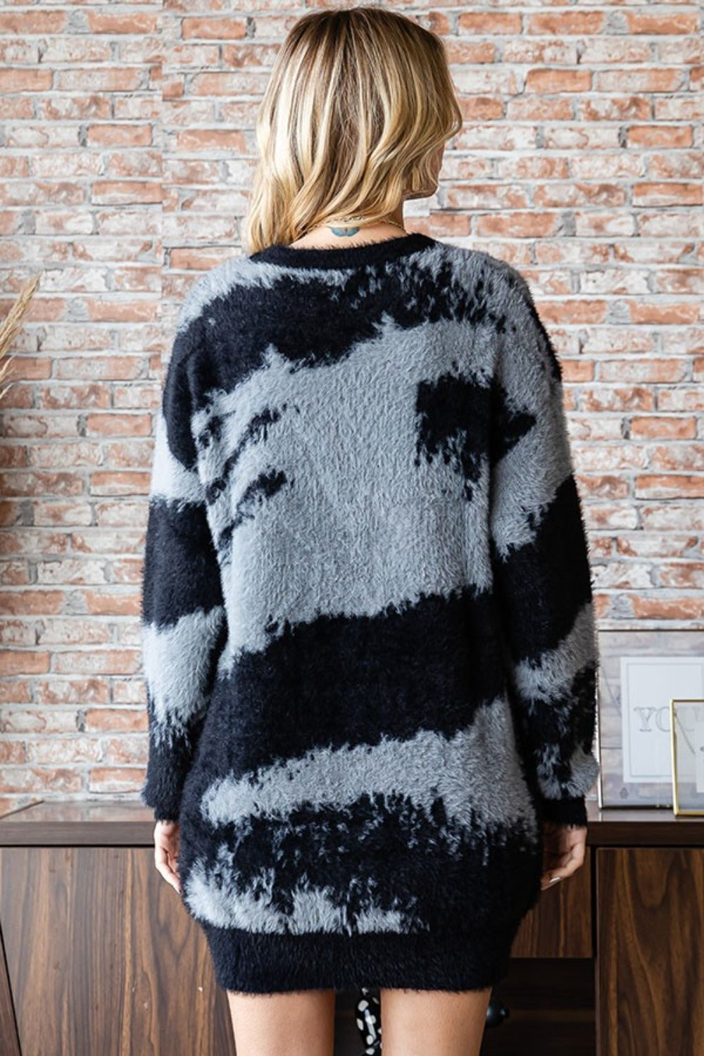 First Love Full Size Abstract Pattern Contrast Feather Yarn Sweater - Charming Charlie