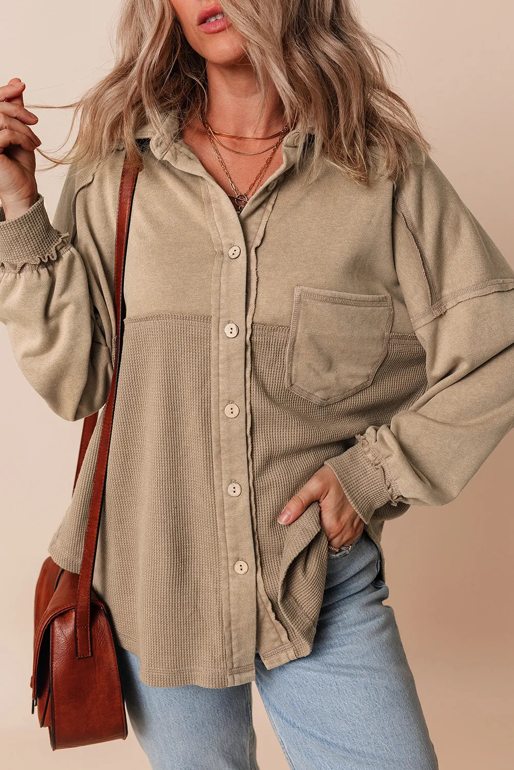 Waffle-Knit Collared Neck Long Sleeve Shacket - Charming Charlie