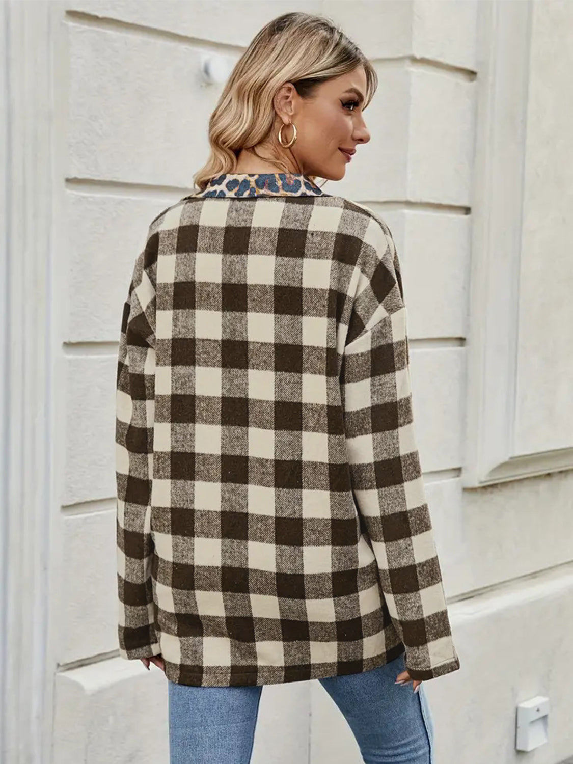 Leopard Trim Plaid Collared Neck Long Sleeve Shirt - Charming Charlie