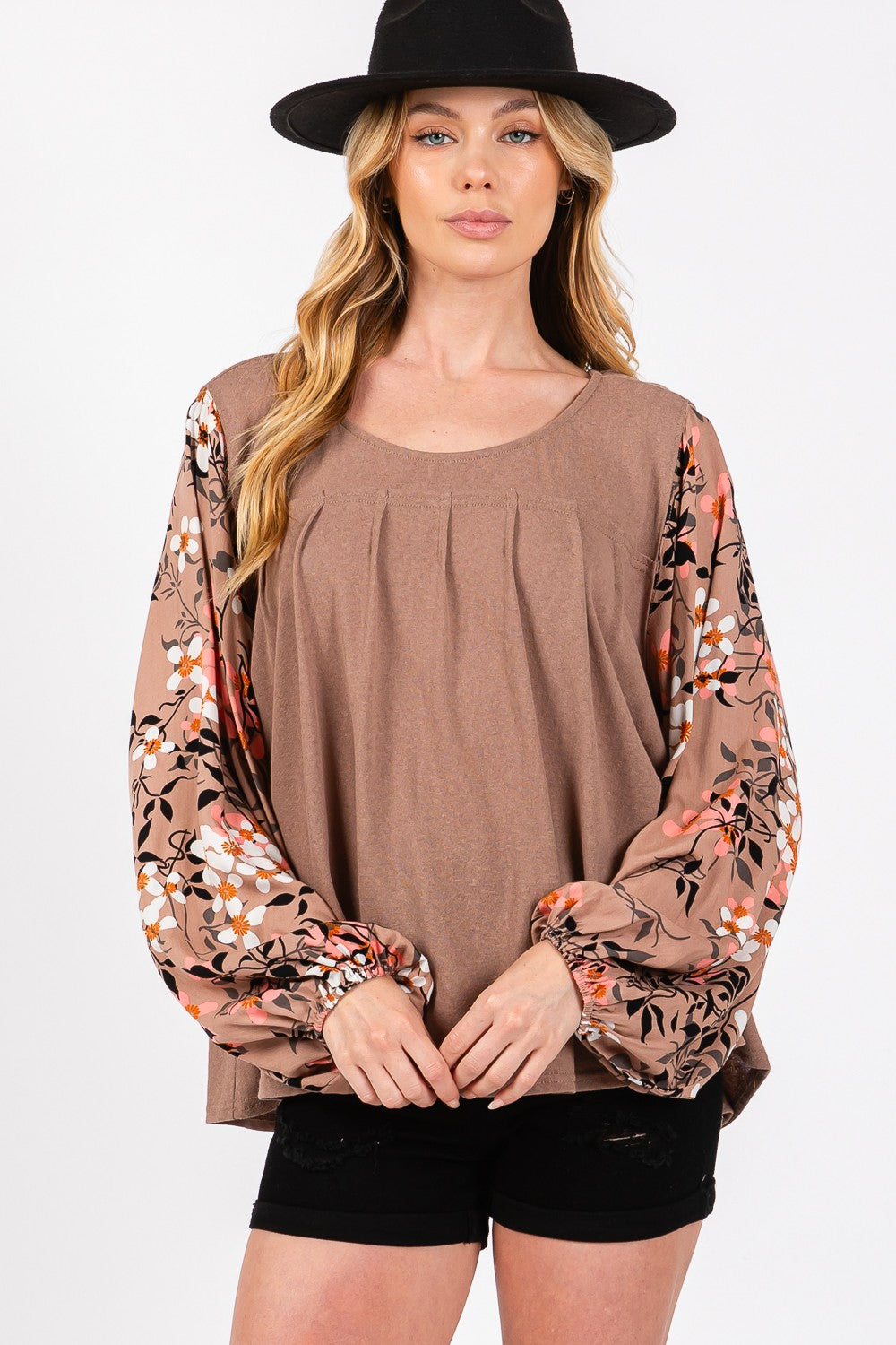 SAGE + FIG Floral Long Sleeve Front Pleated Detail Blouse - Charming Charlie