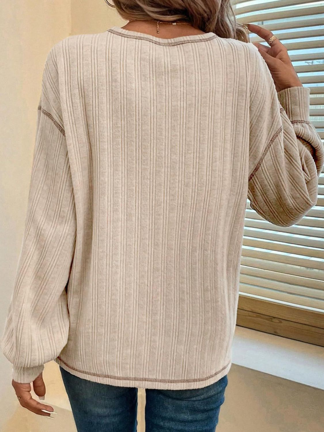 Mandy Contrast Stitching Round Neck Long Sleeve T-Shirt - Charming Charlie