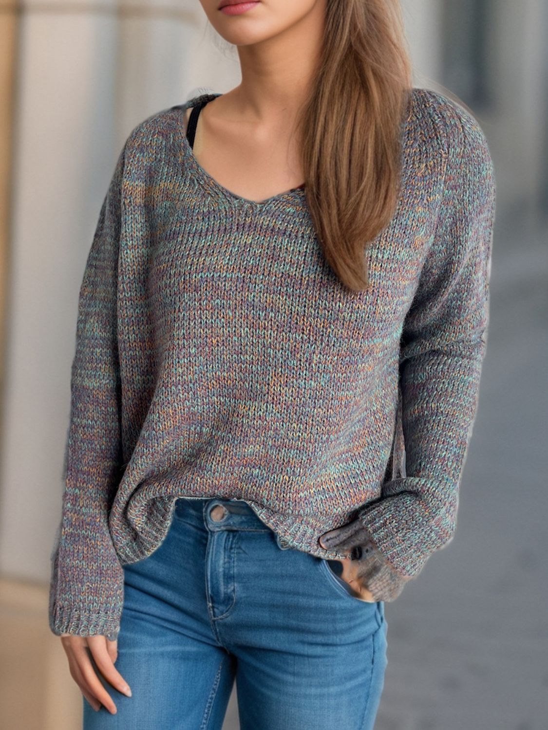 Heathered V-Neck Long Sleeve Sweater - Charming Charlie