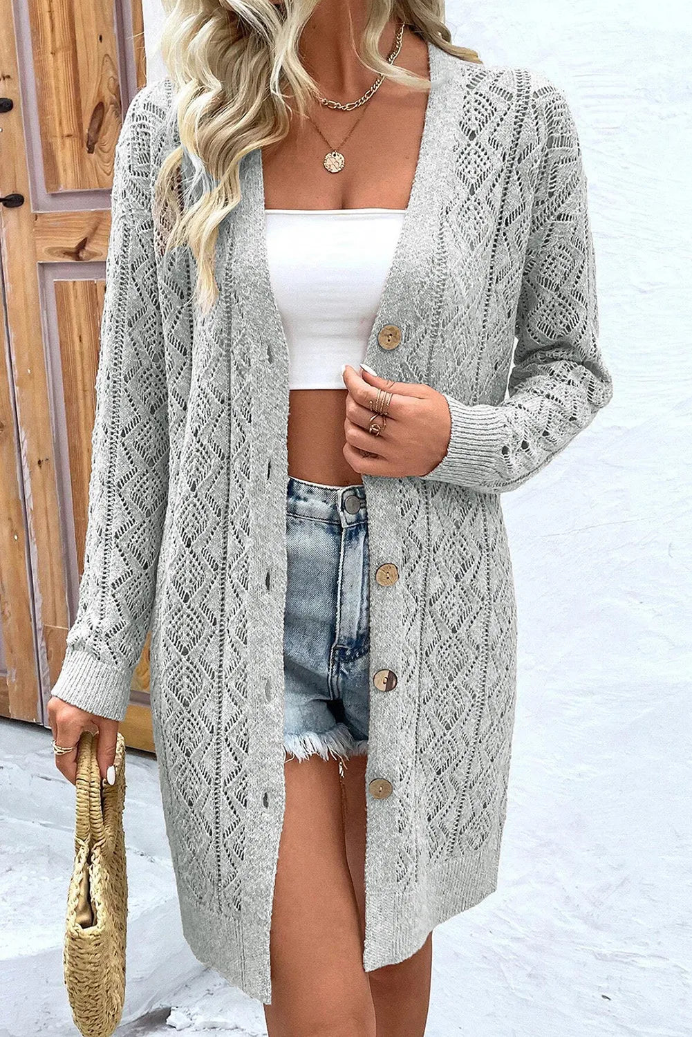 Openwork Button Down Long Sleeve Cardigan - Charming Charlie