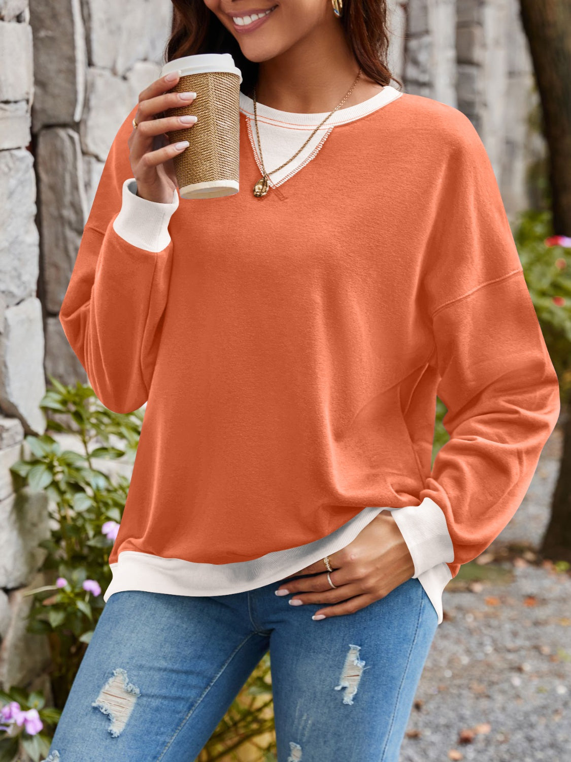 Contrast Round Neck Long Sleeve Sweatshirt - Charming Charlie
