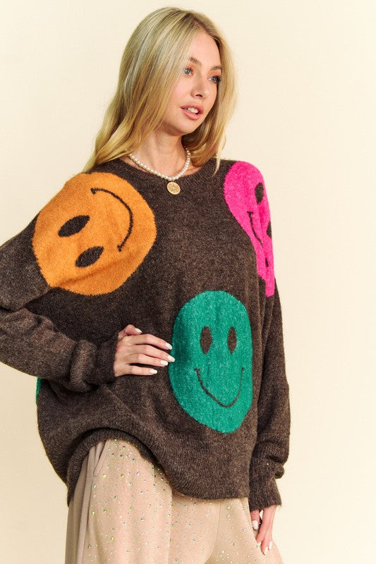 Davi & Dani Contrast Smile Round Neck Oversize Sweater - Charming Charlie