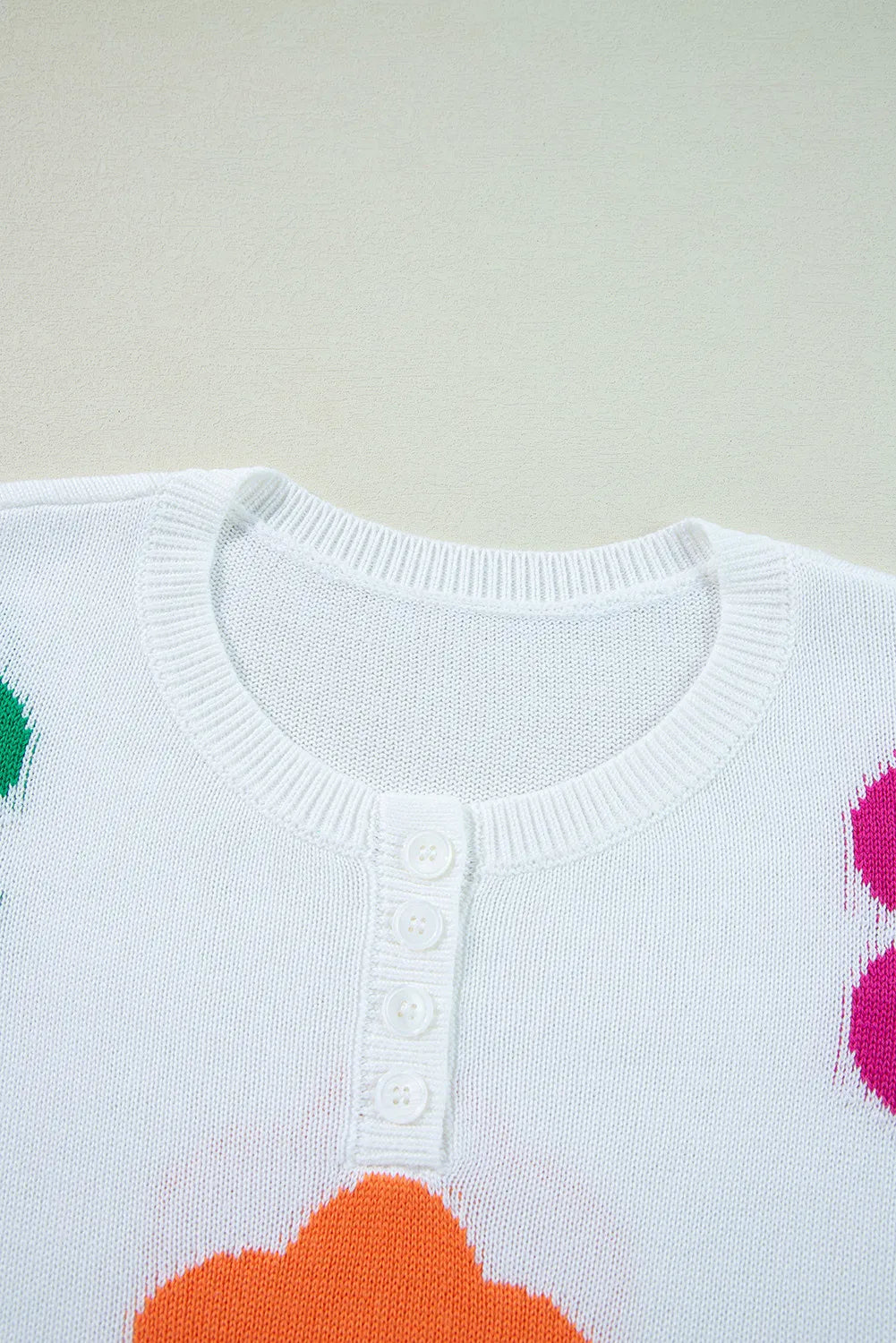Flower Round Neck Quarter Button Knit Top - Charming Charlie