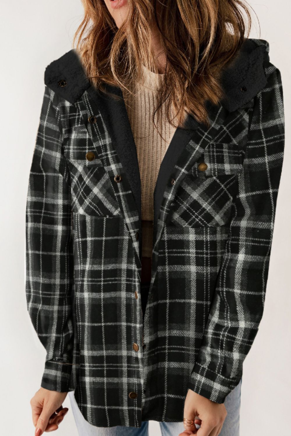 Plaid Button Up Long Sleeve Hooded Jacket - Charming Charlie