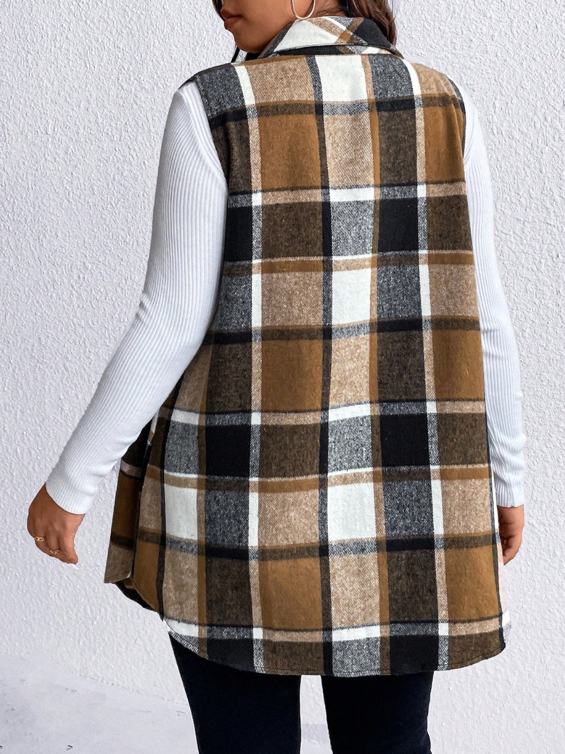 Honey Plus Size Pocketed Plaid Button Up Vest Coat - Charming Charlie