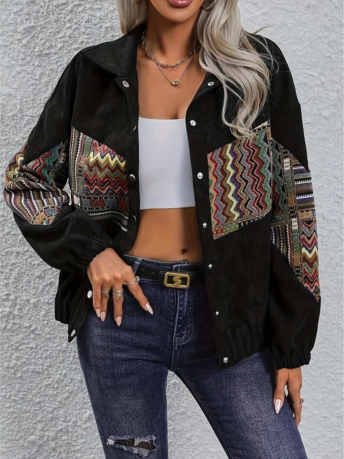 Embroidered Collared Neck Snap Down Jacket - Charming Charlie