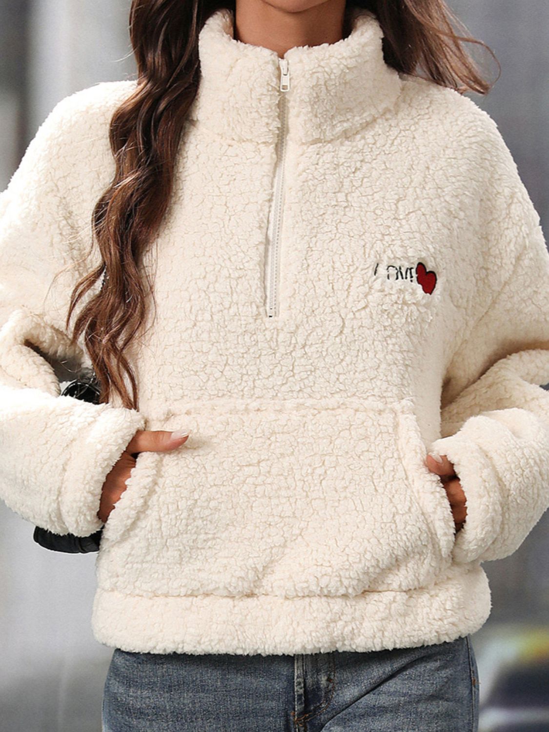 Heart Half Zip Long Sleeve Teddy Sweatshirt - Charming Charlie
