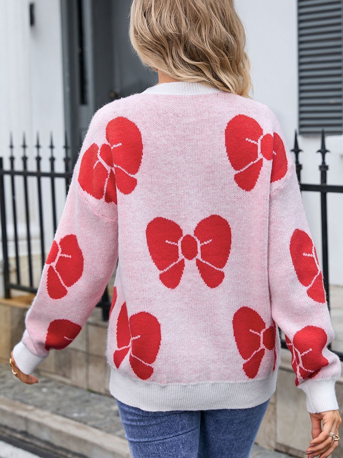 Bow Round Neck Dropped Shoulder Sweater - Charming Charlie