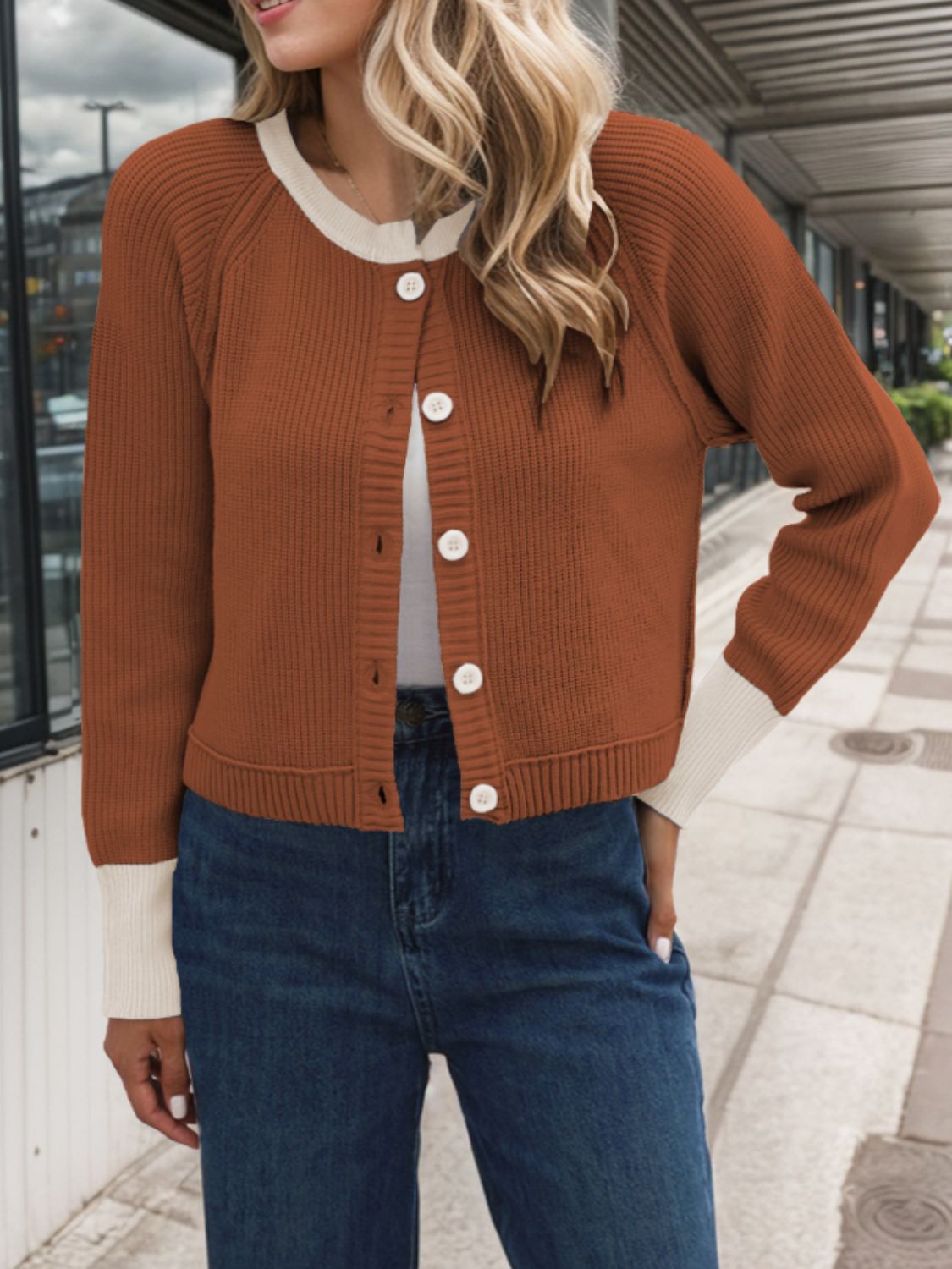 Contrast Button Up Long Sleeve Cardigan - Charming Charlie