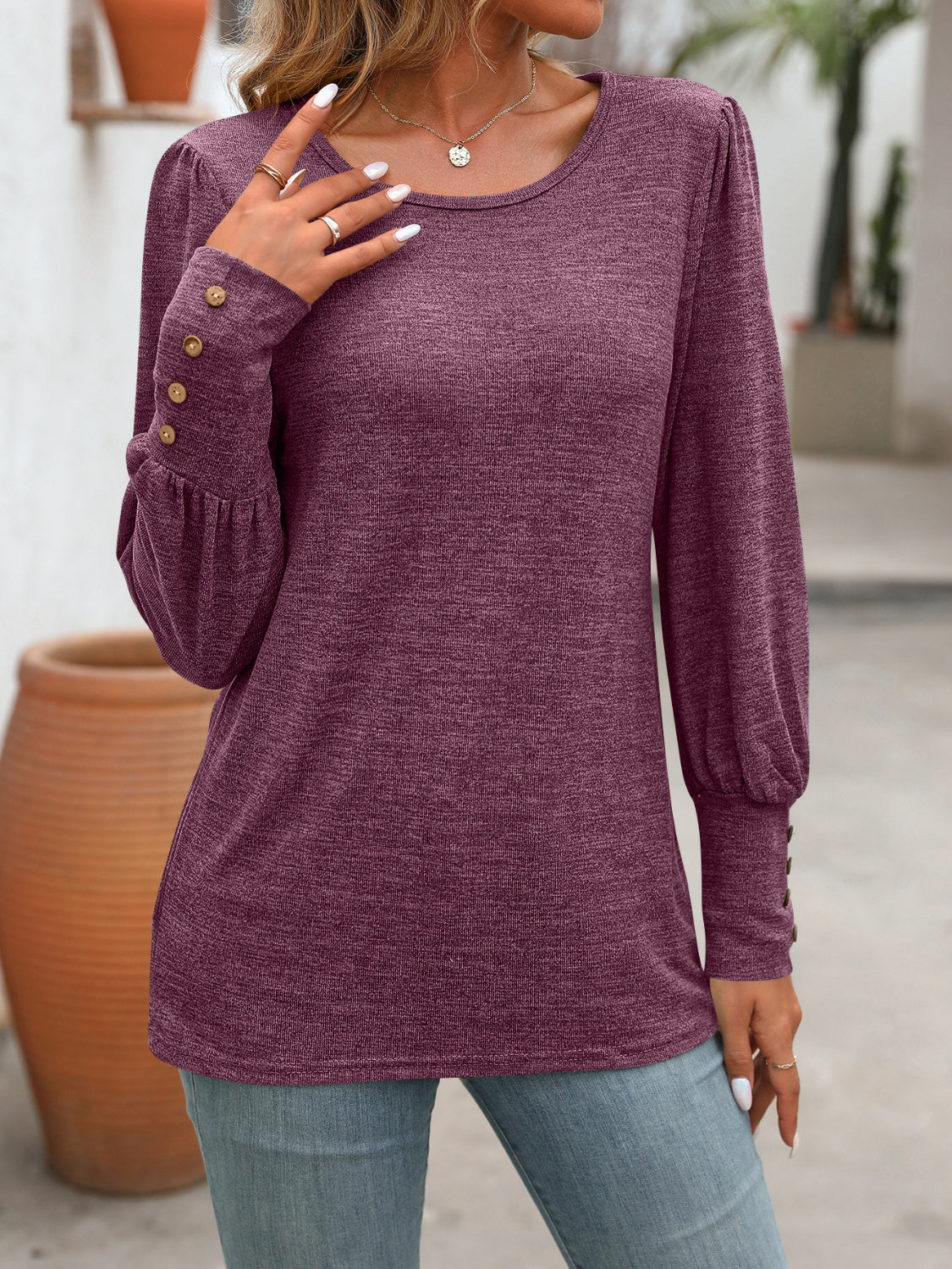 Decorative Button Round Neck Long Sleeve T-Shirt - Charming Charlie