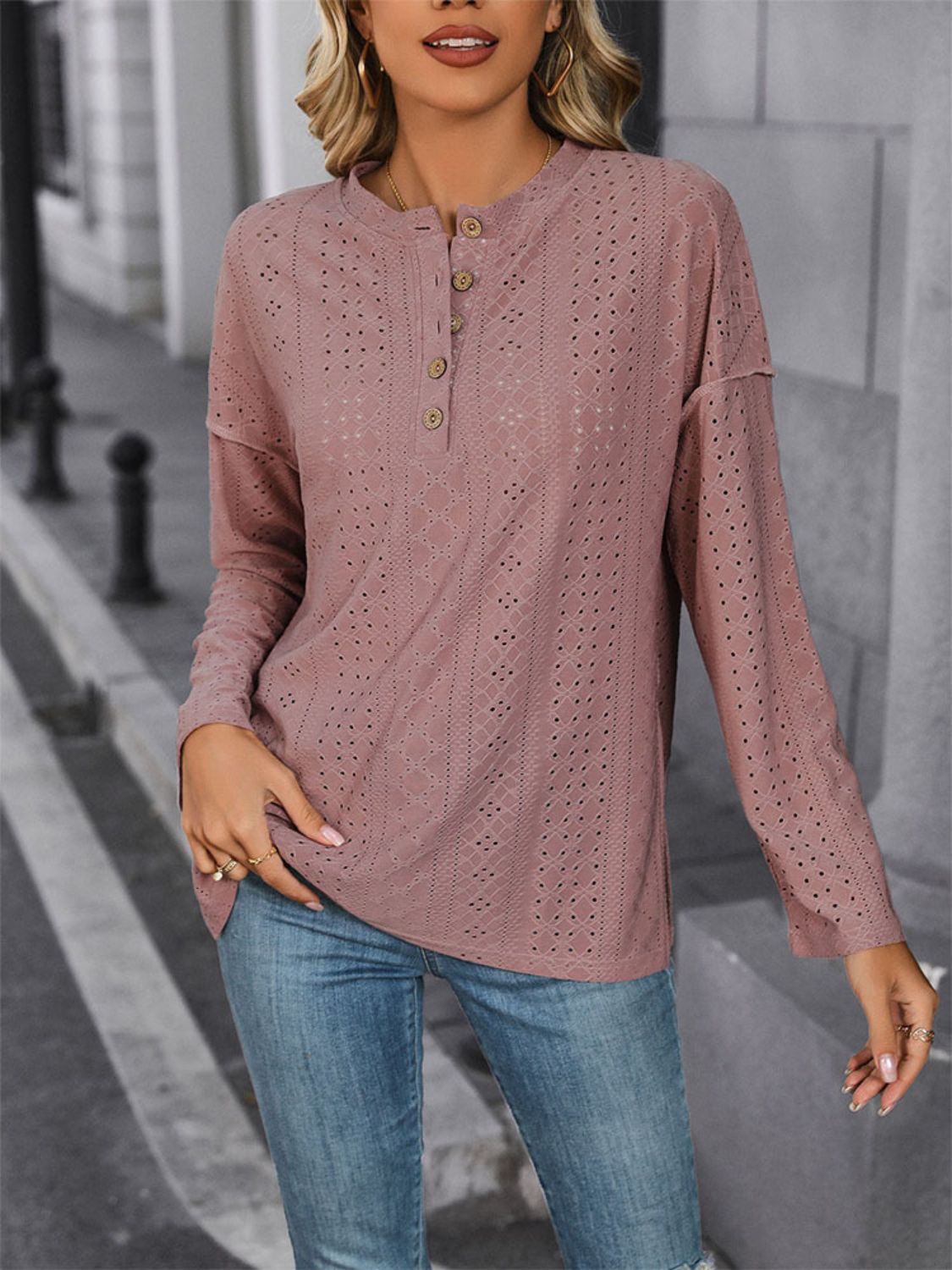Eyelet Round Neck Long Sleeve Top - Charming Charlie
