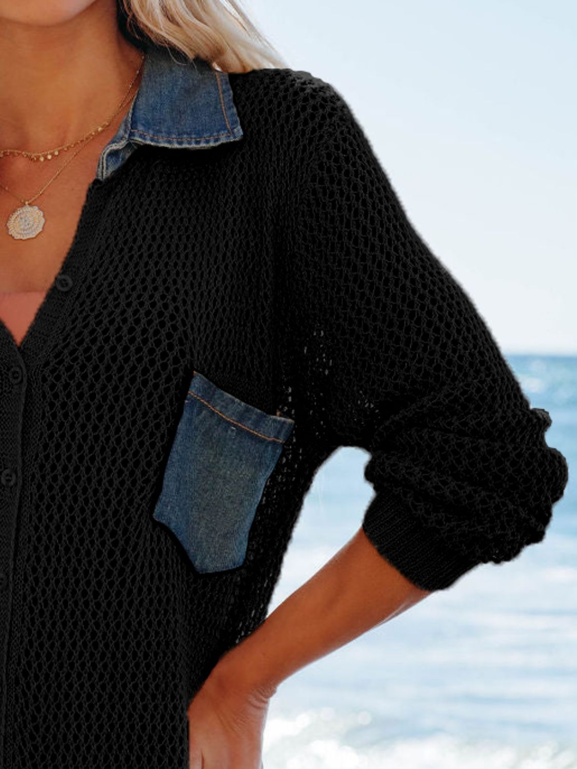 Side Slit Openwork Collared Neck Cover-Up - Charming Charlie