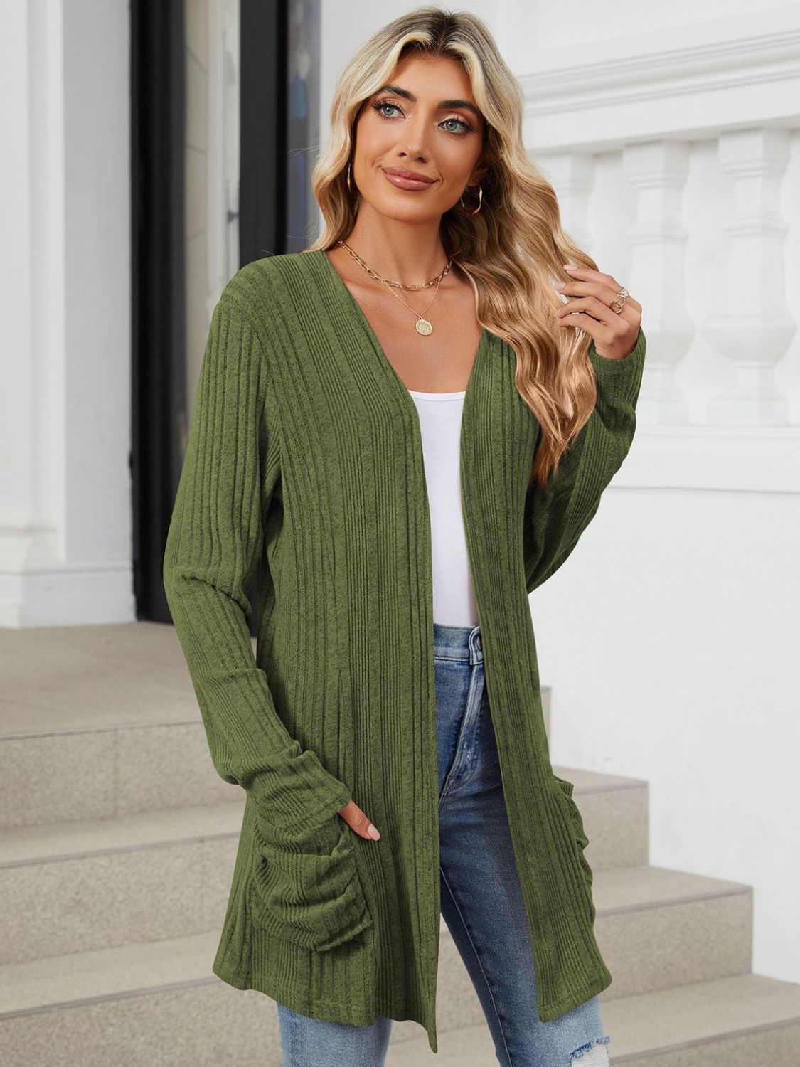 Pocketed Open Front Long Sleeve Cardigan - Charming Charlie