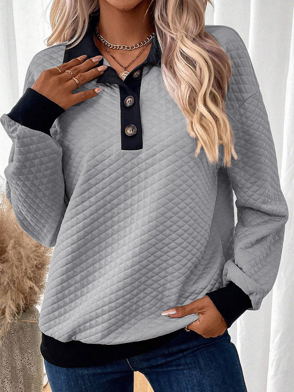 Texture Quarter Button Long Sleeve Sweatshirt - Charming Charlie