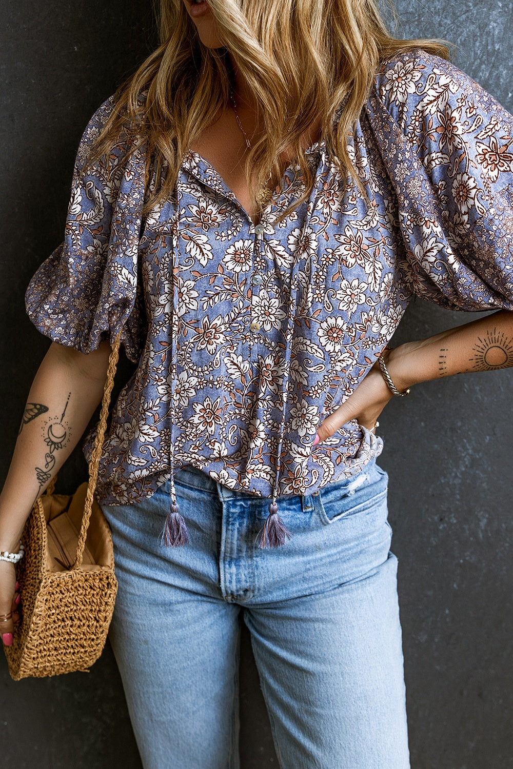 Printed Tie Neck Half Sleeve Blouse - Charming Charlie
