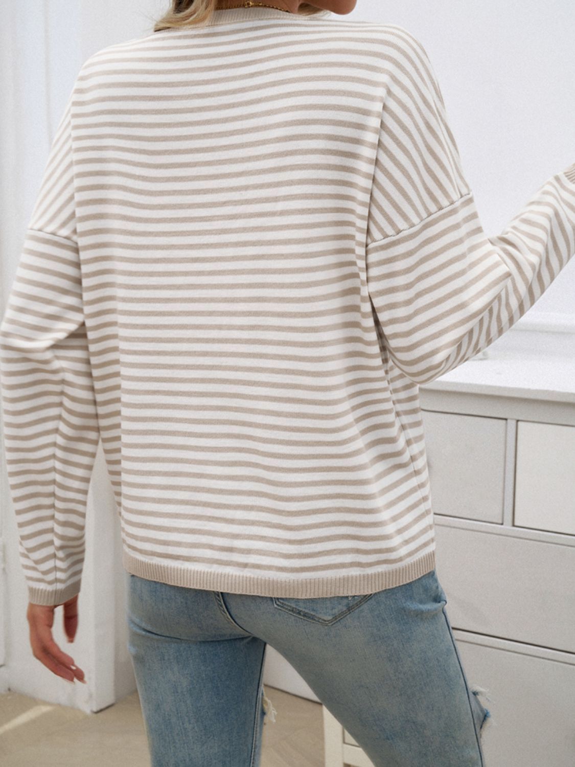 Striped Round Neck Dropped Shoulder Sweater - Charming Charlie