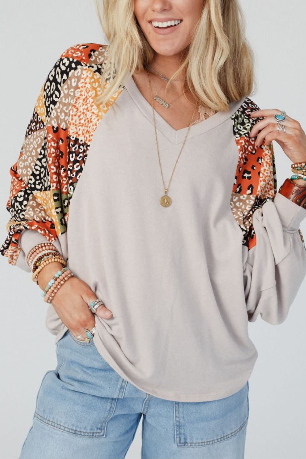 Leopard Contrast V-Neck Long Sleeve Blouse - Charming Charlie