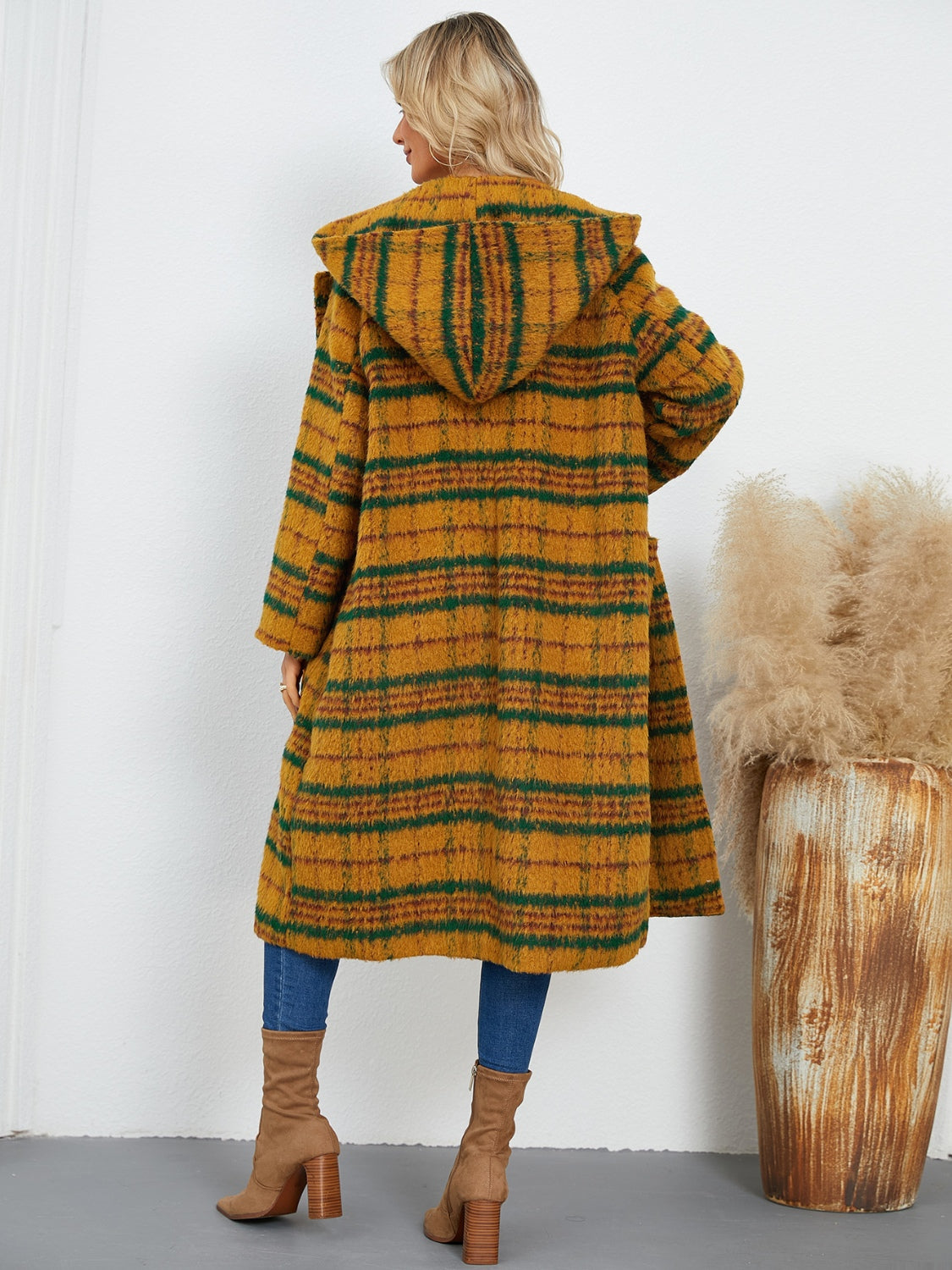 Plaid Long Sleeve Hooded Coat with Pockets - Charming Charlie
