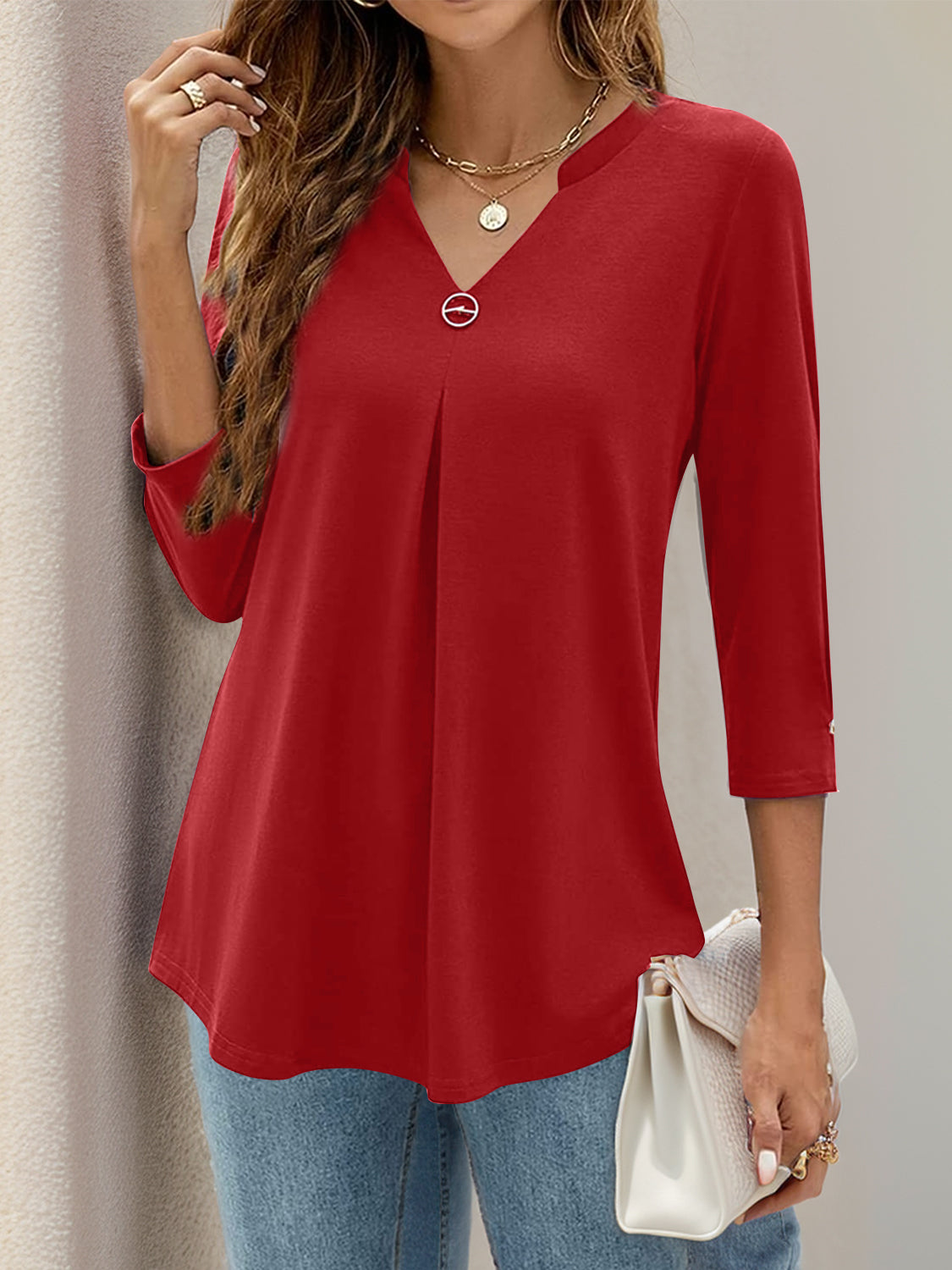 Notched Three-Quarter Sleeve T-Shirt - Charming Charlie