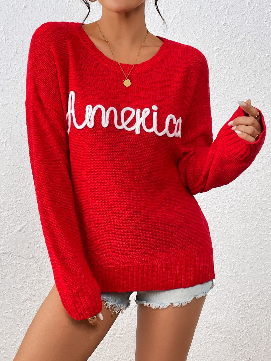 Letter Round Neck Long Sleeve Sweater - Charming Charlie