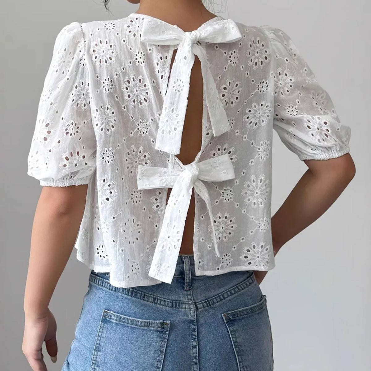 Eyelet Embroidered Puff Sleeve Tie-Back Blouse – Charming Charlie