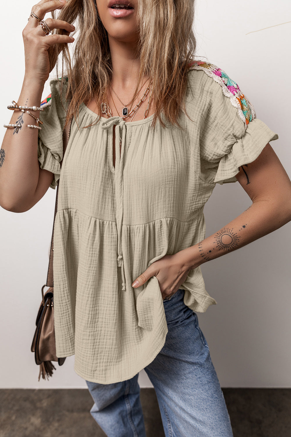 Embroidered Tie Neck Short Sleeve Blouse - Charming Charlie