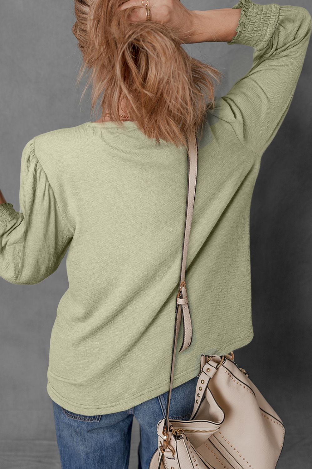 Textured Round Neck Three-Quarter Sleeve Blouse - Charming Charlie