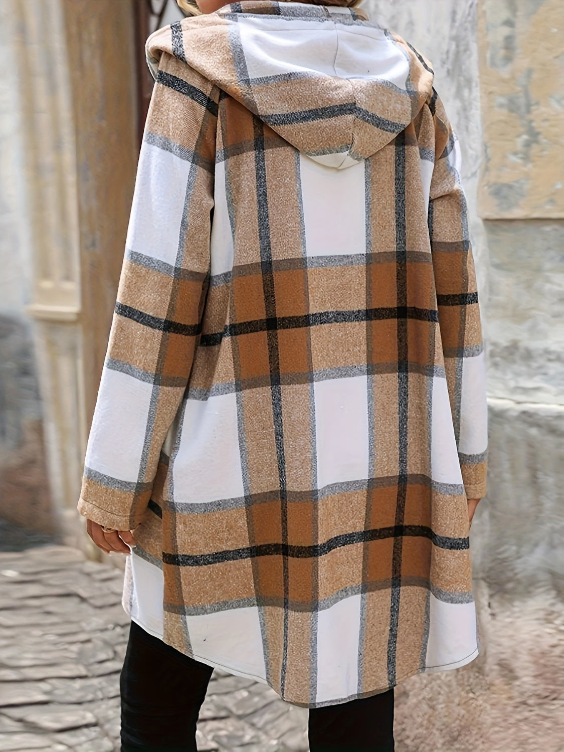 Drawstring Plaid Zip Up Hooded Outerwear - Charming Charlie