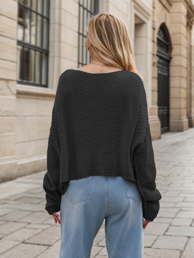 Round Neck Dropped Shoulder Long Sleeve Sweater - Charming Charlie