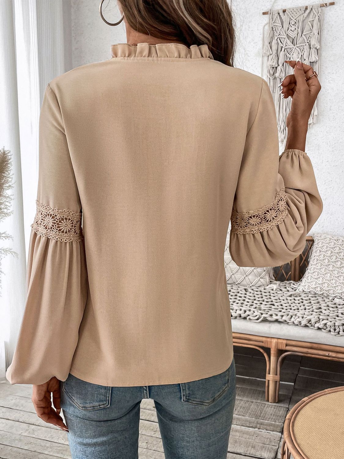 Perfee Frill Tie Neck Long Sleeve Blouse - Charming Charlie