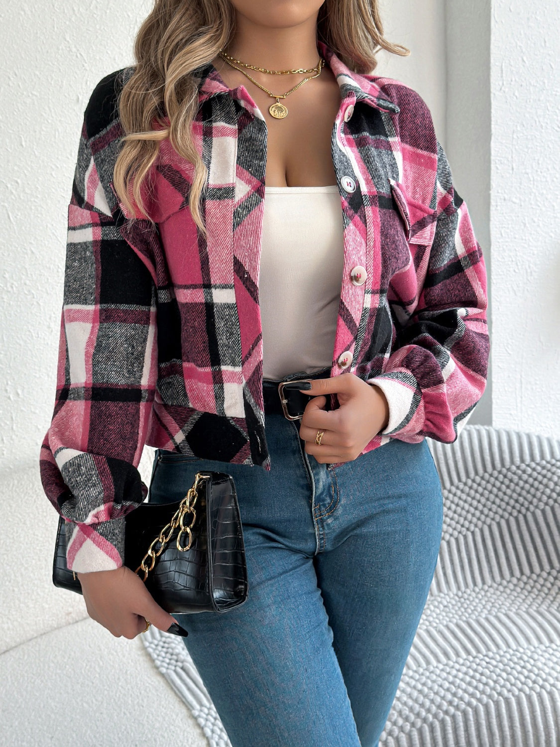 Plaid Button Up Long Sleeve Jacket - Charming Charlie