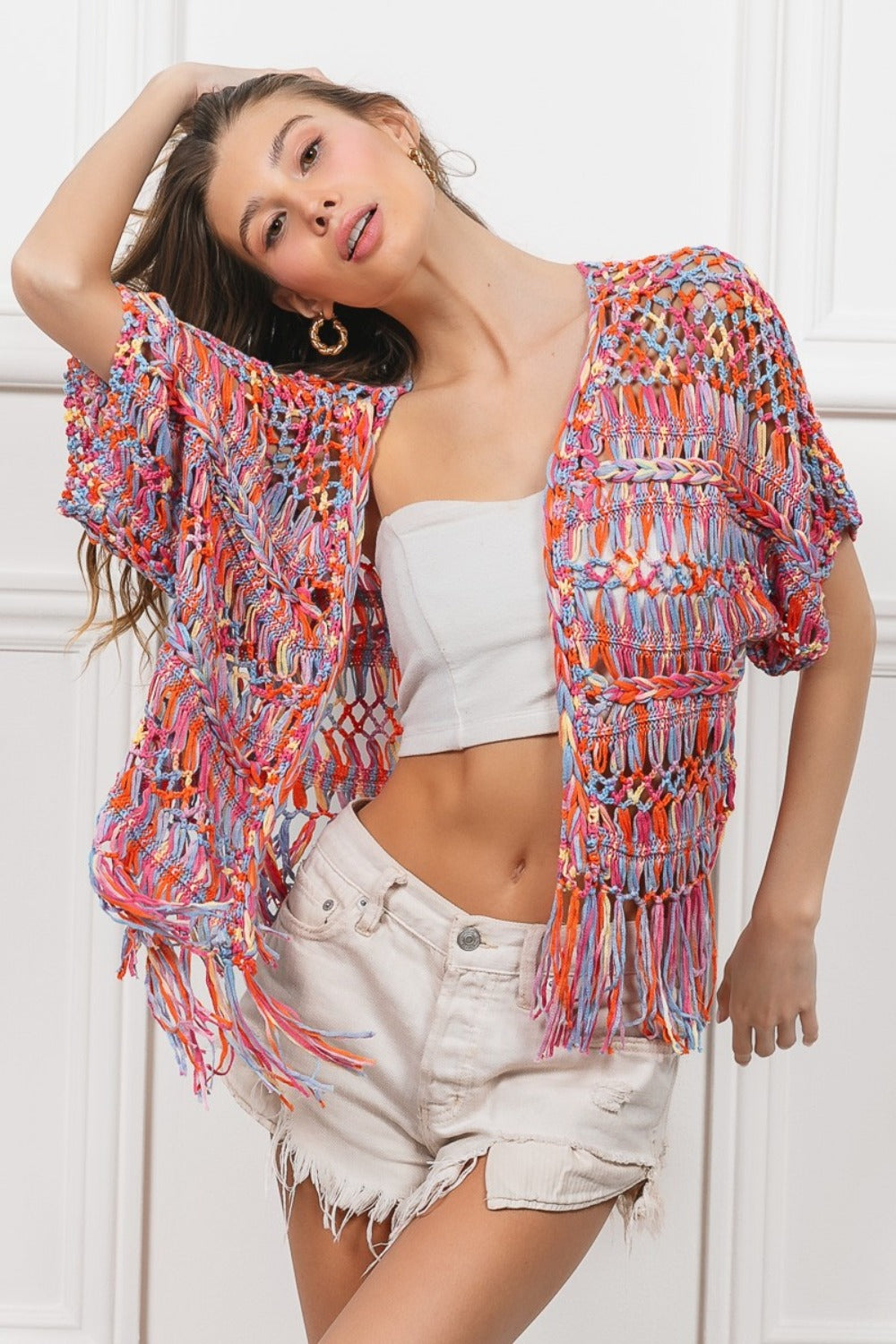 BiBi Open Front Fringed Crop Knit Cardigan - Charming Charlie