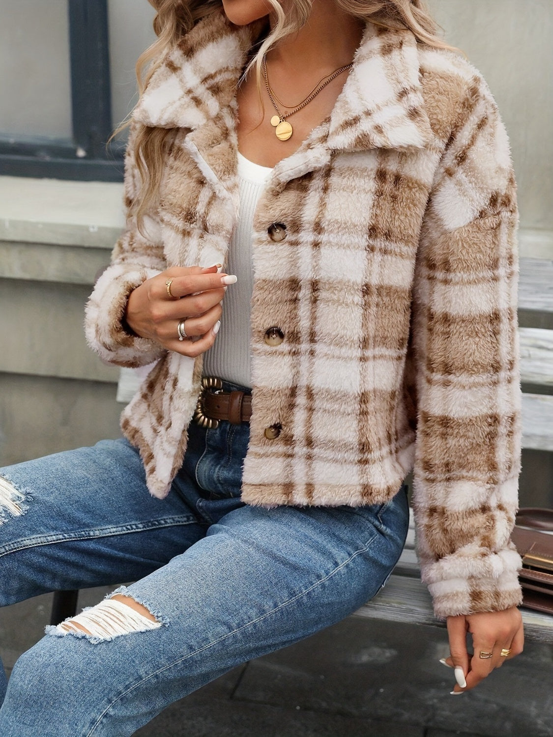 Plaid Button Up Collared Neck Long Sleeve Jacket - Charming Charlie