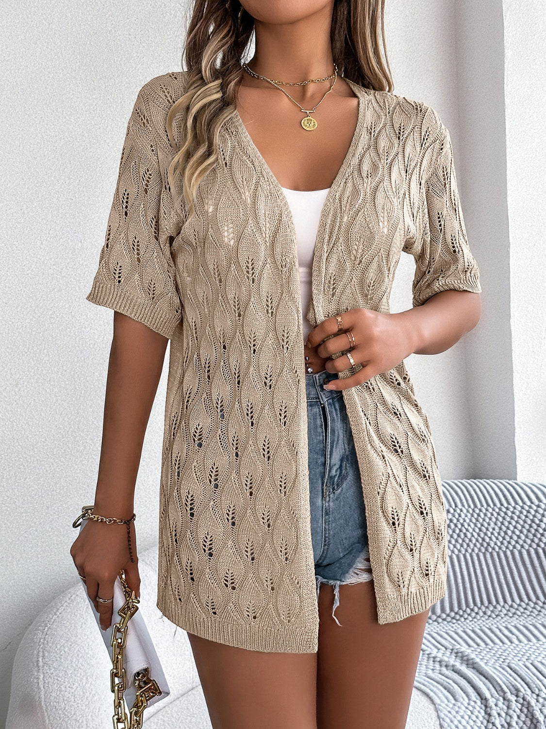 Openwork Open Front Short Sleeve Cardigan - Charming Charlie