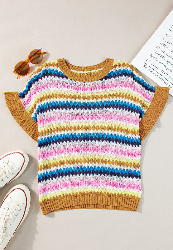 Contrast Round Neck Short Sleeve Sweater - Charming Charlie